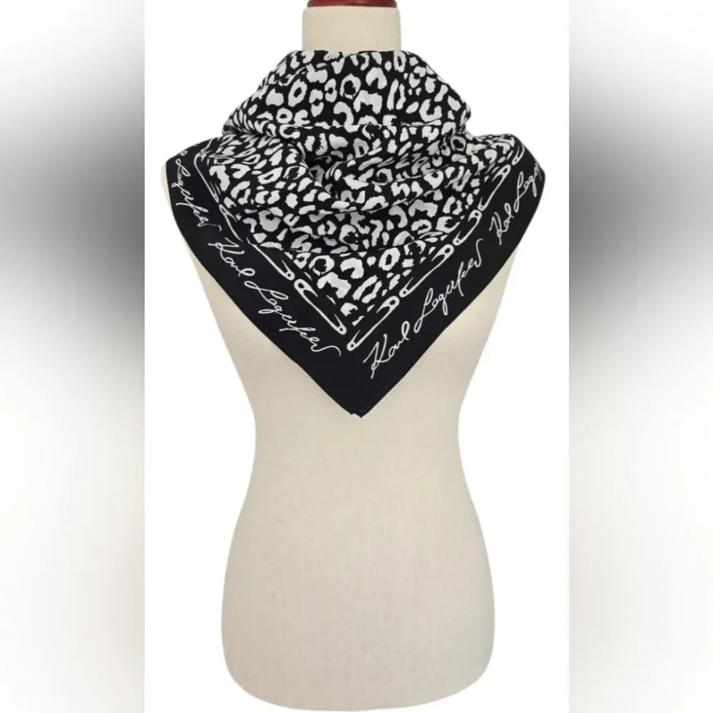 Karl Lagerfeld Black and White Leopard Print Silk Scarf